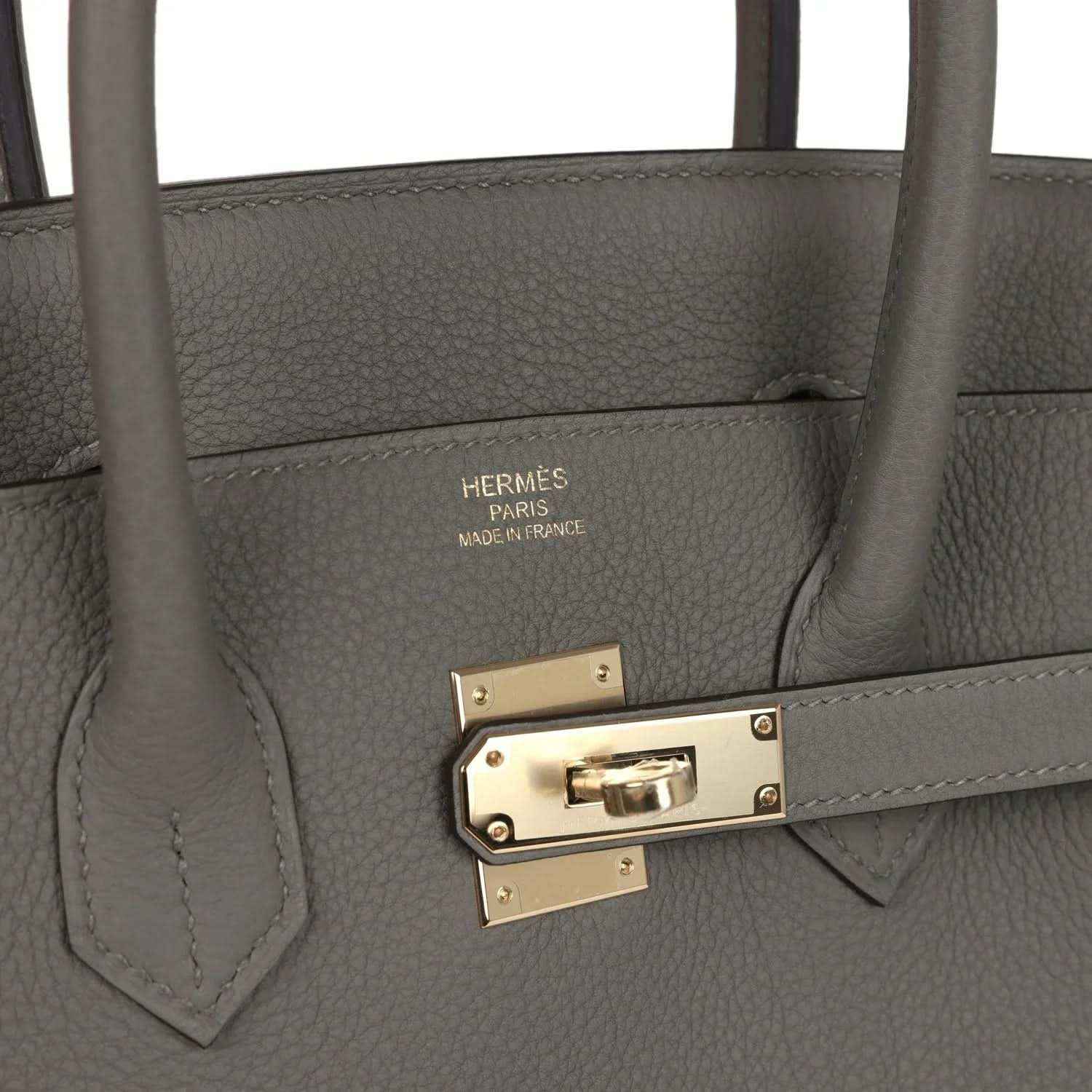 Hermes Birkin 35 handbag close-up of front clasp with Hermes stamp