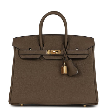 Hermes Birkin 25 handbag front with top handles, gold hardware, and hanging key charm