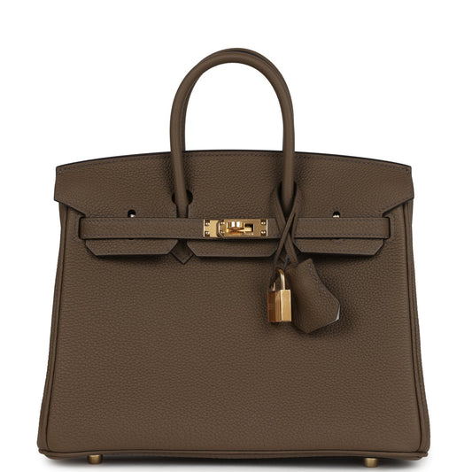 Hermes Birkin 25 handbag front with top handles, gold hardware, and hanging key charm