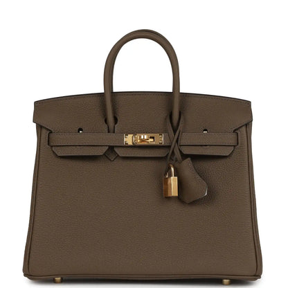 Hermes Birkin 25 handbag front with top handles, gold hardware, and hanging key charm