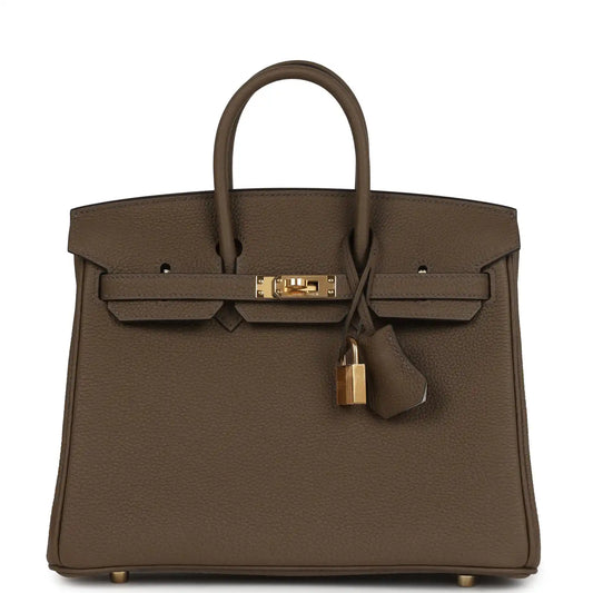 Hermes Birkin 25 handbag front with top handles, gold hardware, and hanging key charm