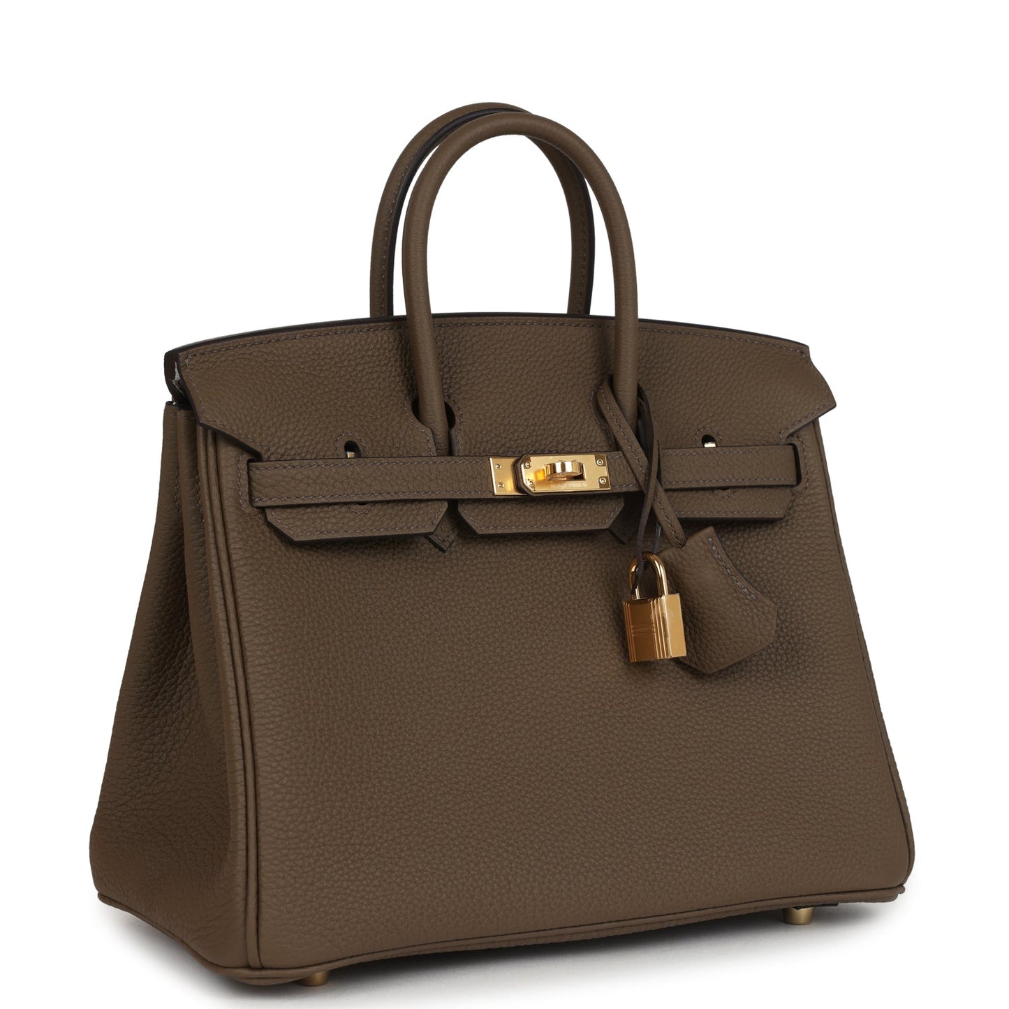 Hermes Birkin 25 handbag angled front view with gold lock and leather key charm