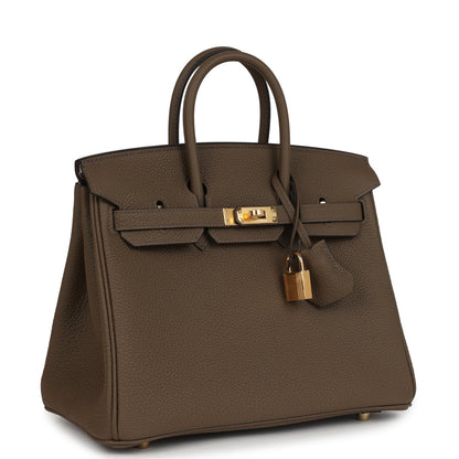Hermes Birkin 25 handbag angled front view with gold lock and leather key charm
