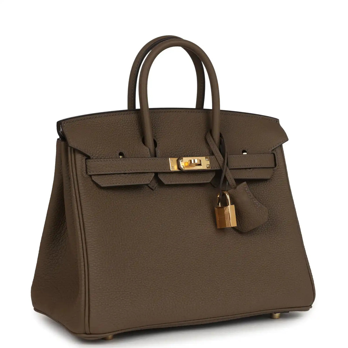 Hermes Birkin 25 handbag angled front view with gold lock and leather key charm