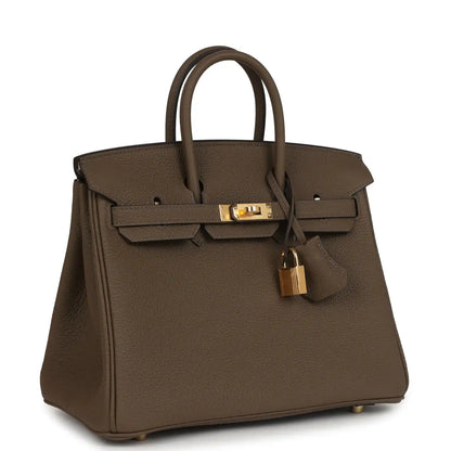 Hermes Birkin 25 handbag angled front view with gold lock and leather key charm