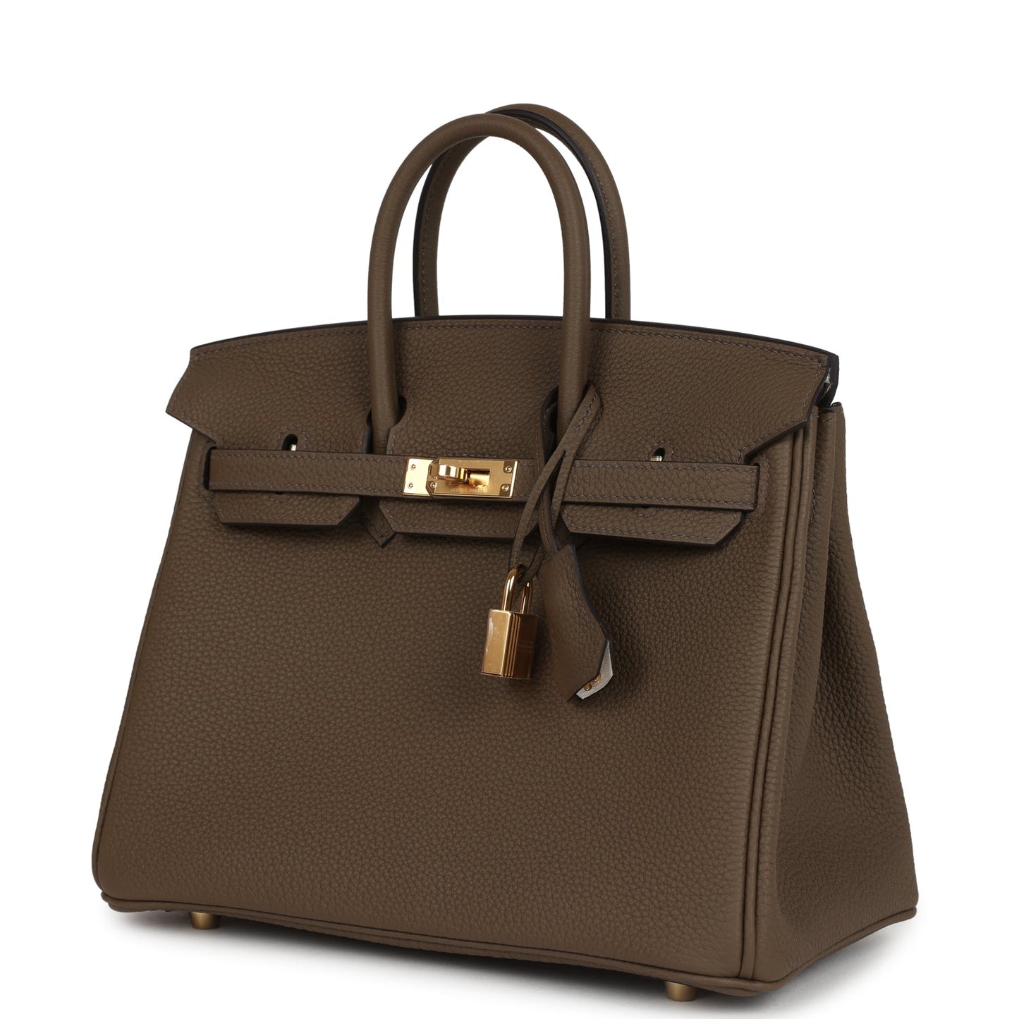 Hermes Birkin 25 handbag front three-quarter view with gold lock and key charm