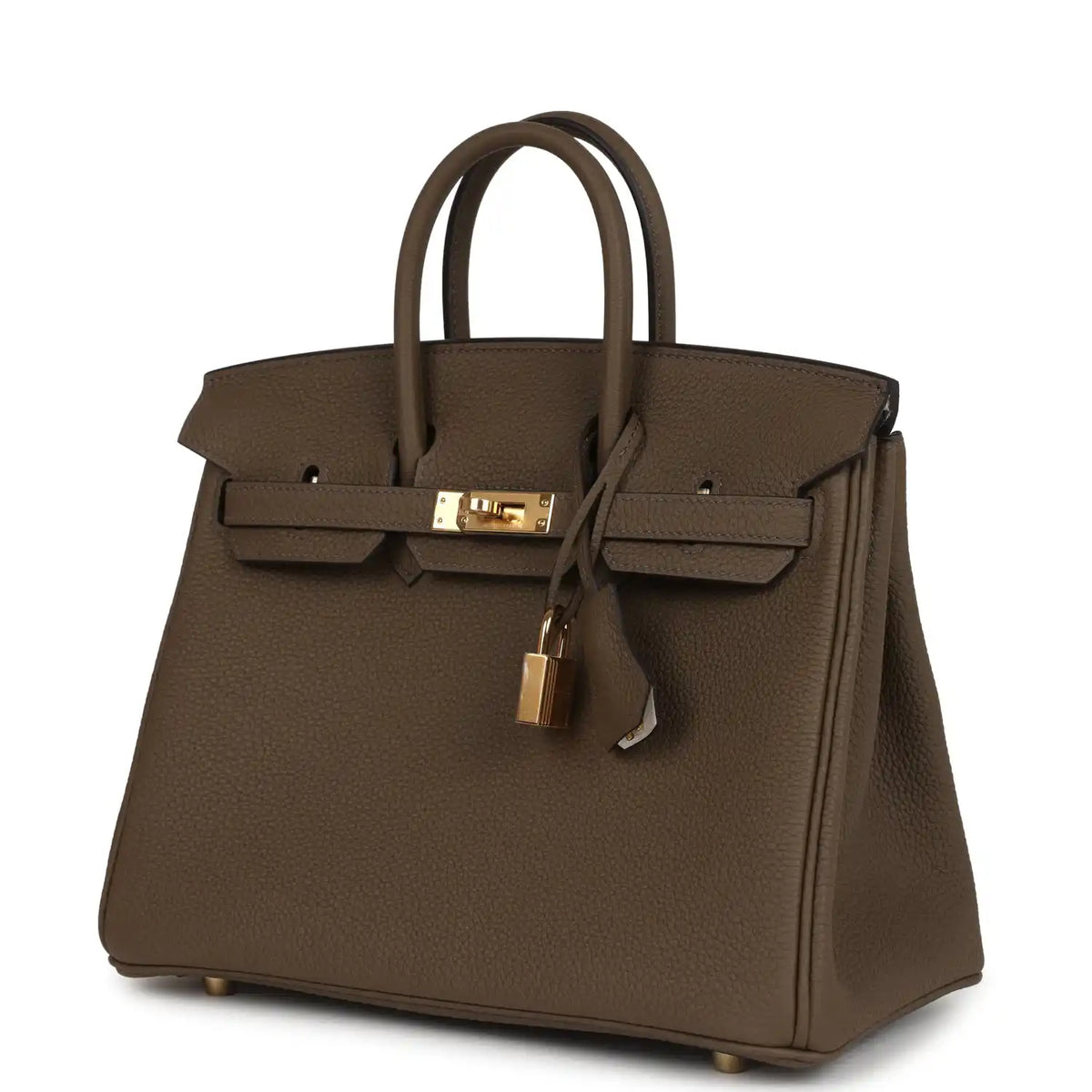 Hermes Birkin 25 handbag front three-quarter view with gold lock and key charm