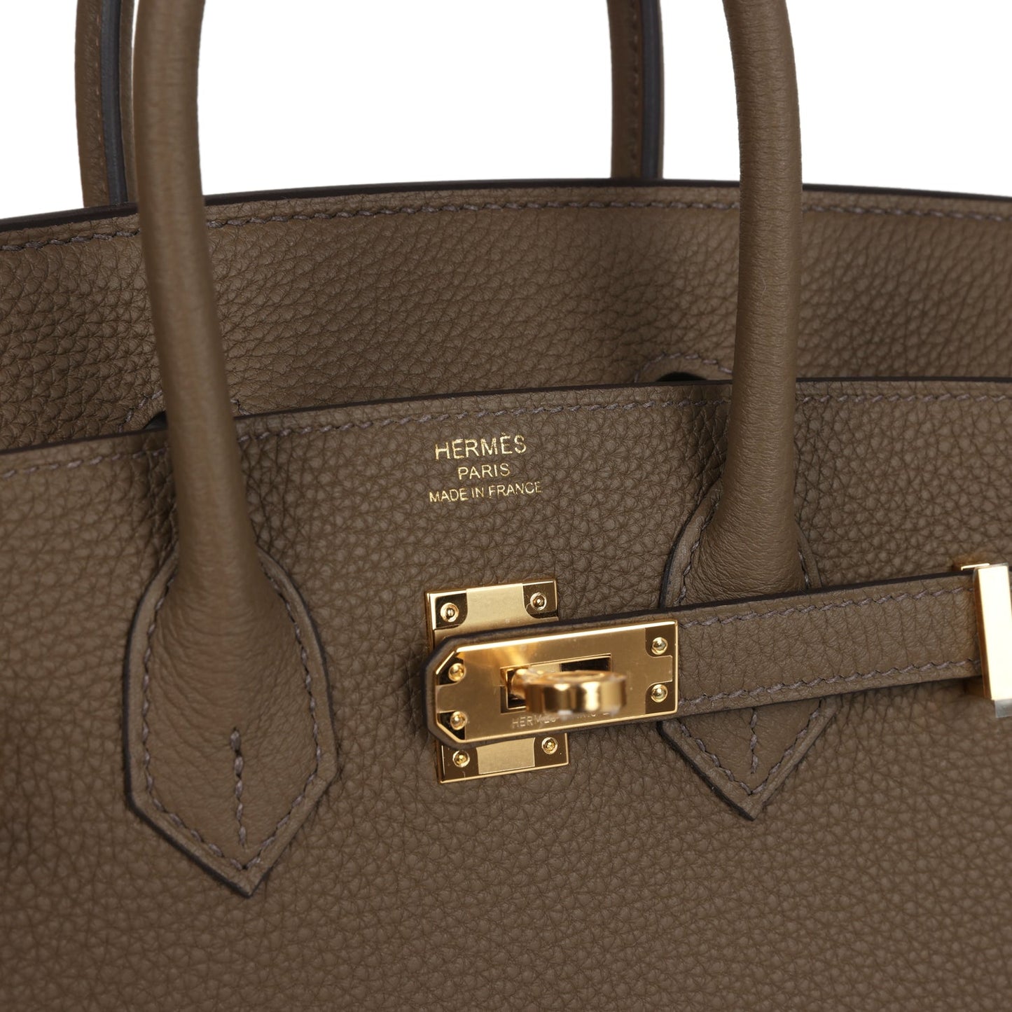 Hermes Birkin 25 handbag front with gold turn-lock and embossed leather stamp