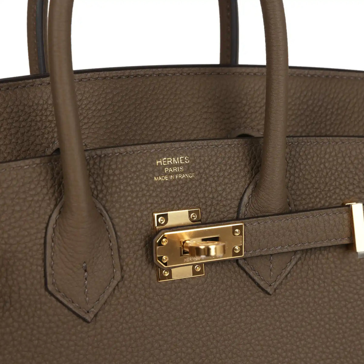 Hermes Birkin 25 handbag front with gold turn-lock and embossed leather stamp