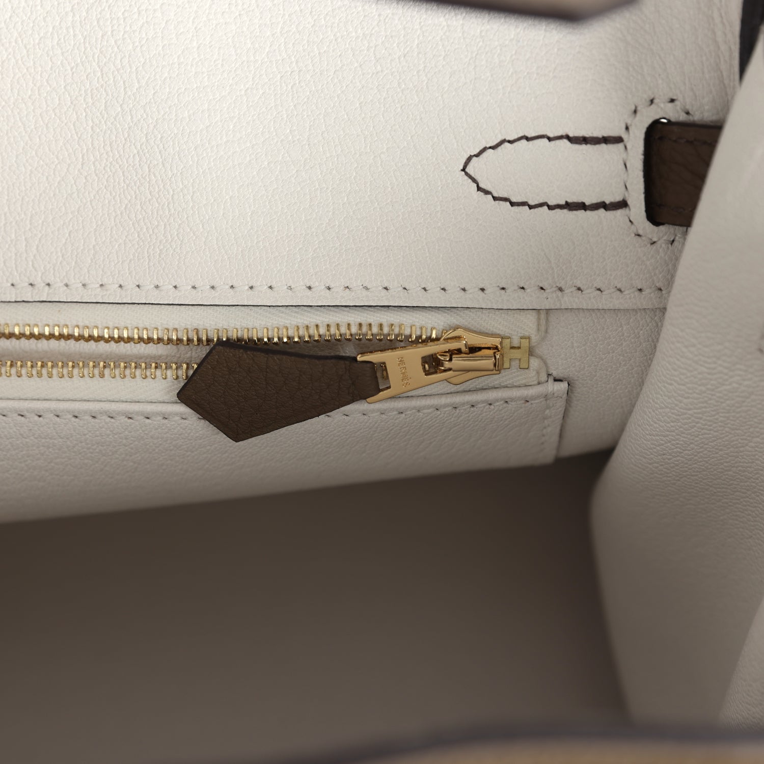 Hermes Birkin 25 handbag interior zipper with gold pull and leather trim tab