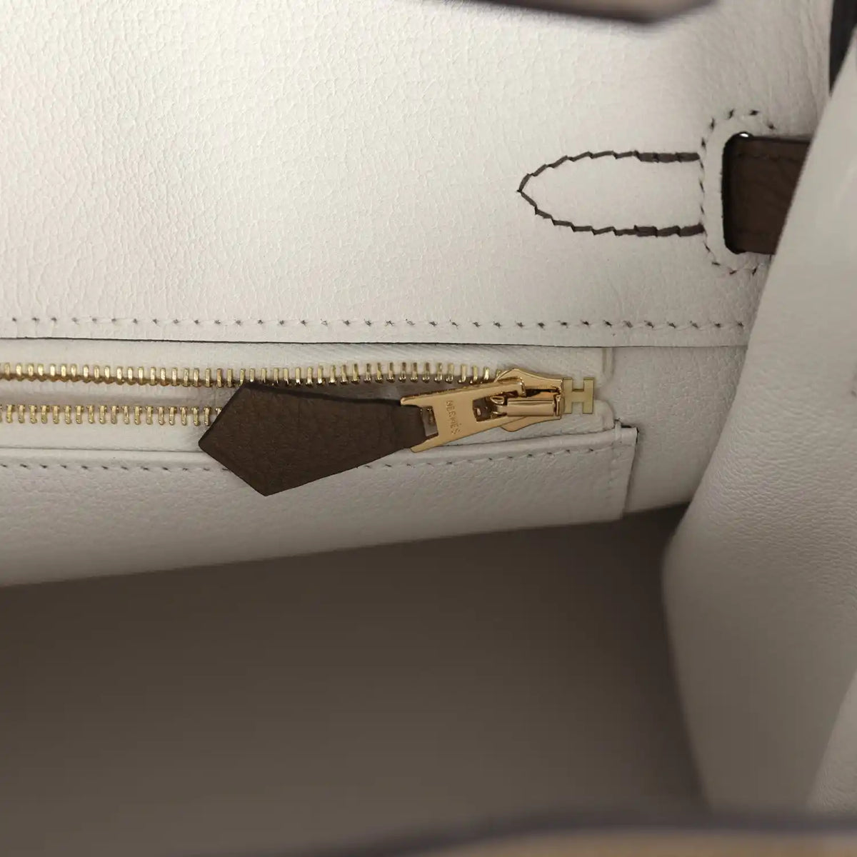 Hermes Birkin 25 handbag interior zipper with gold pull and leather trim tab