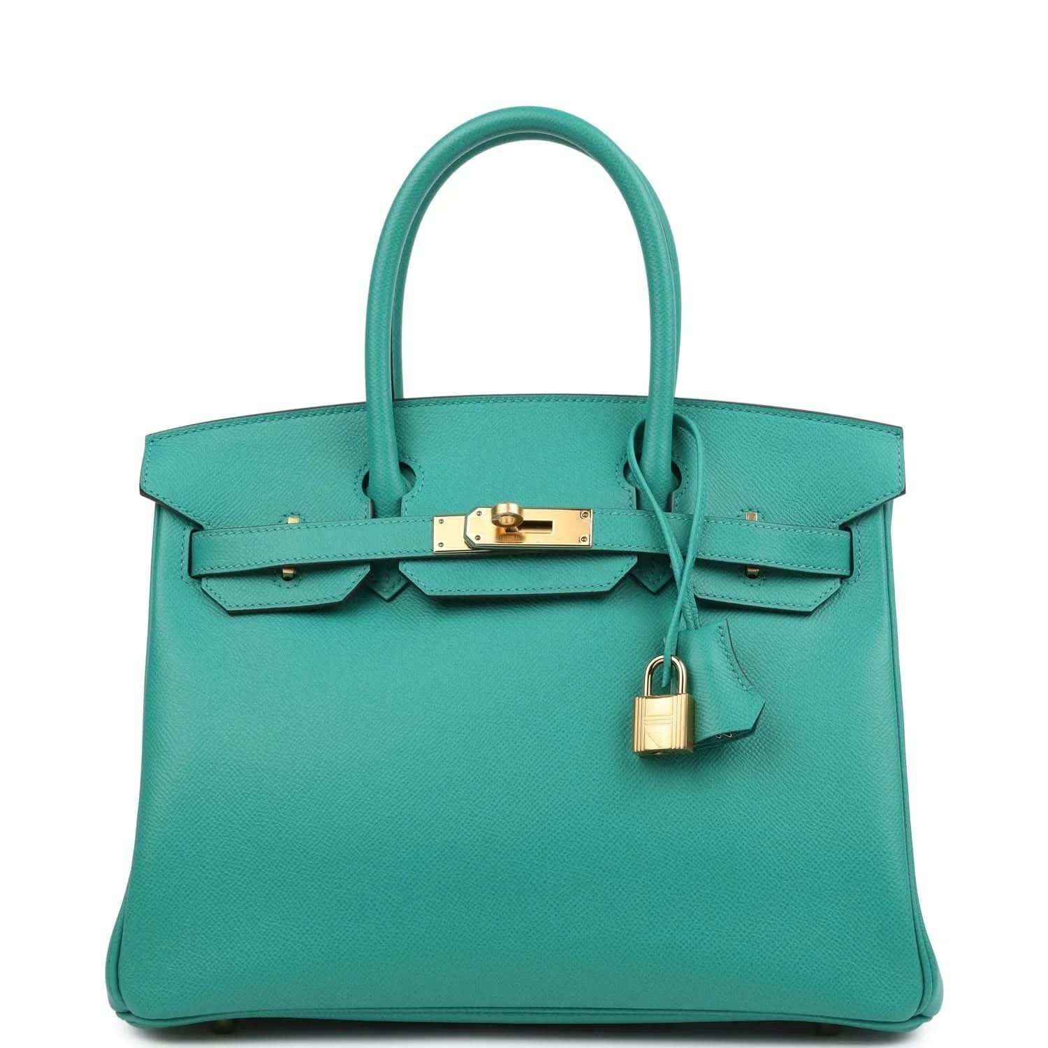 Green leather handbag with top handles, front flap and gold-tone turn-lock