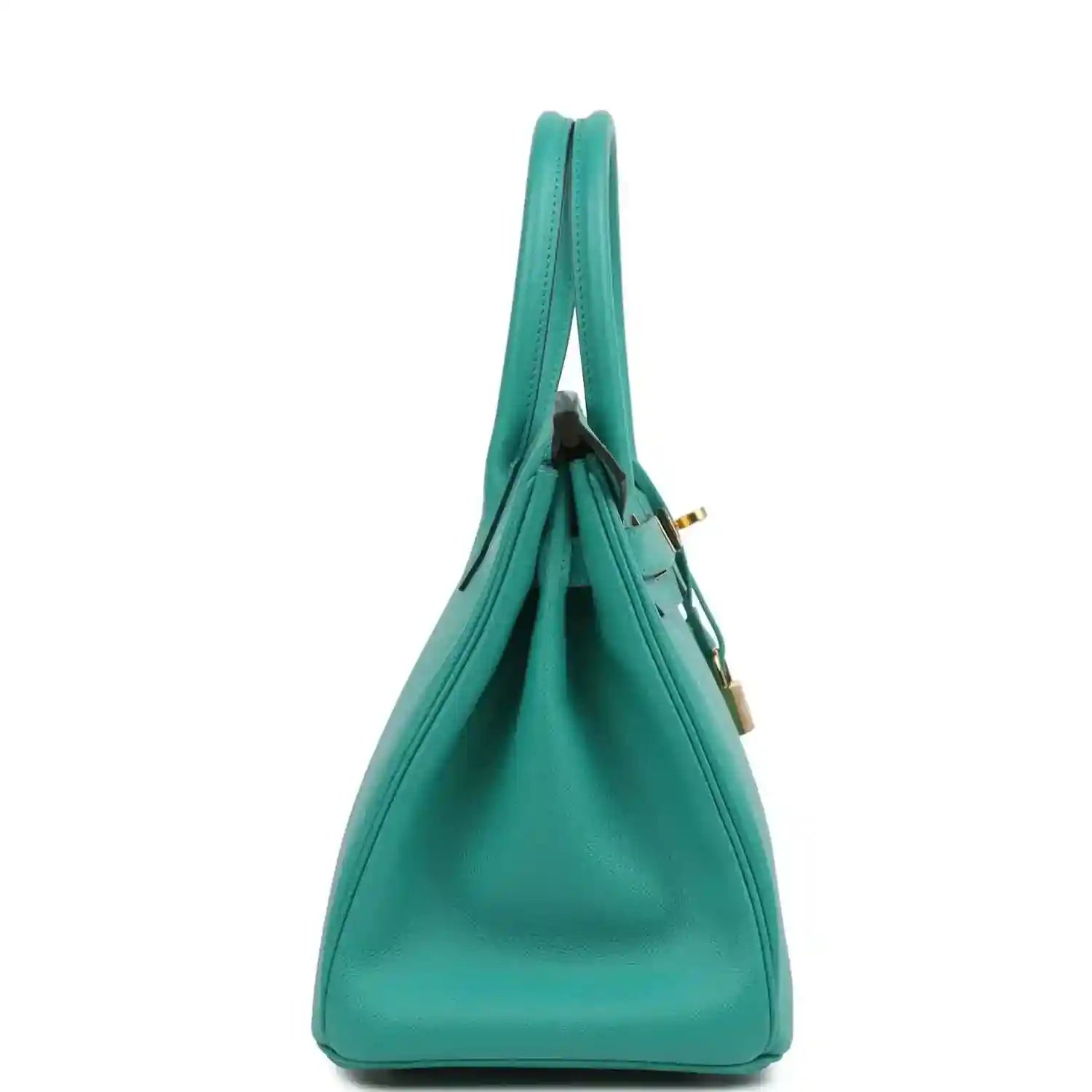 Green leather handbag shown from the side with structured body and top handles