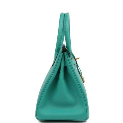 Green leather handbag shown from the side with structured body and top handles