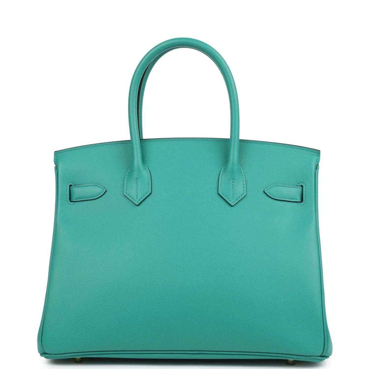 Green leather handbag with top handles and structured silhouette
