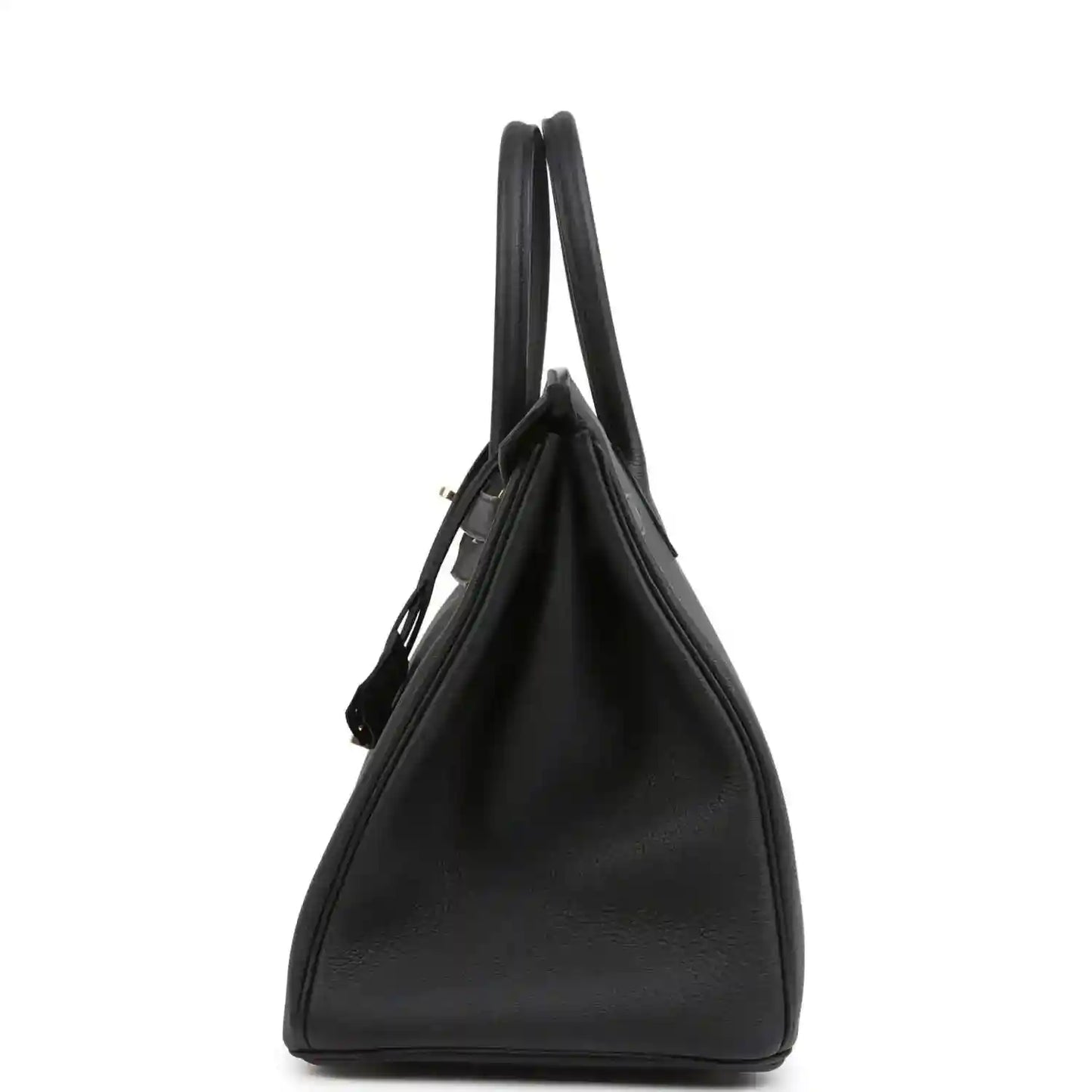 Black leather handbag with two top handles and structured side profile
