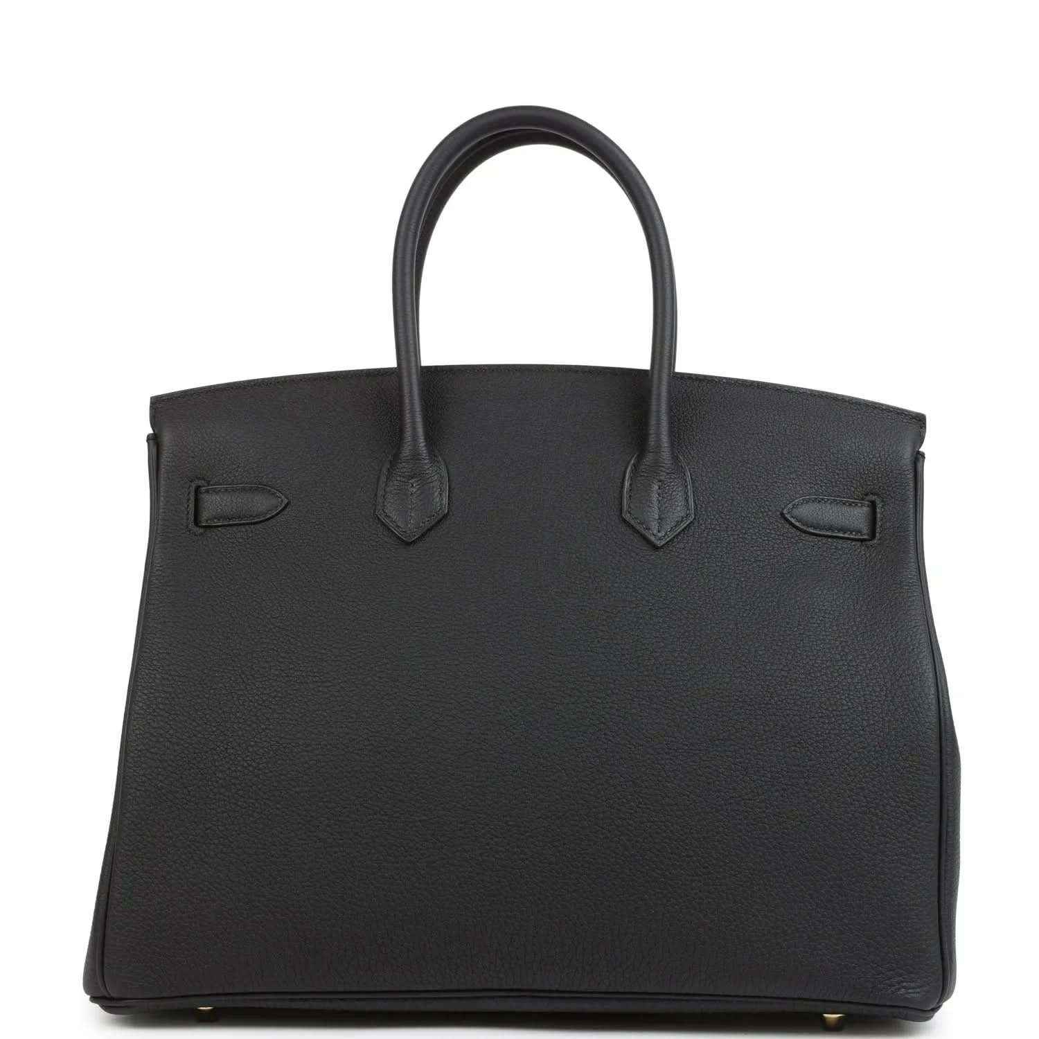 Black leather handbag with top handles and front flap detailing
