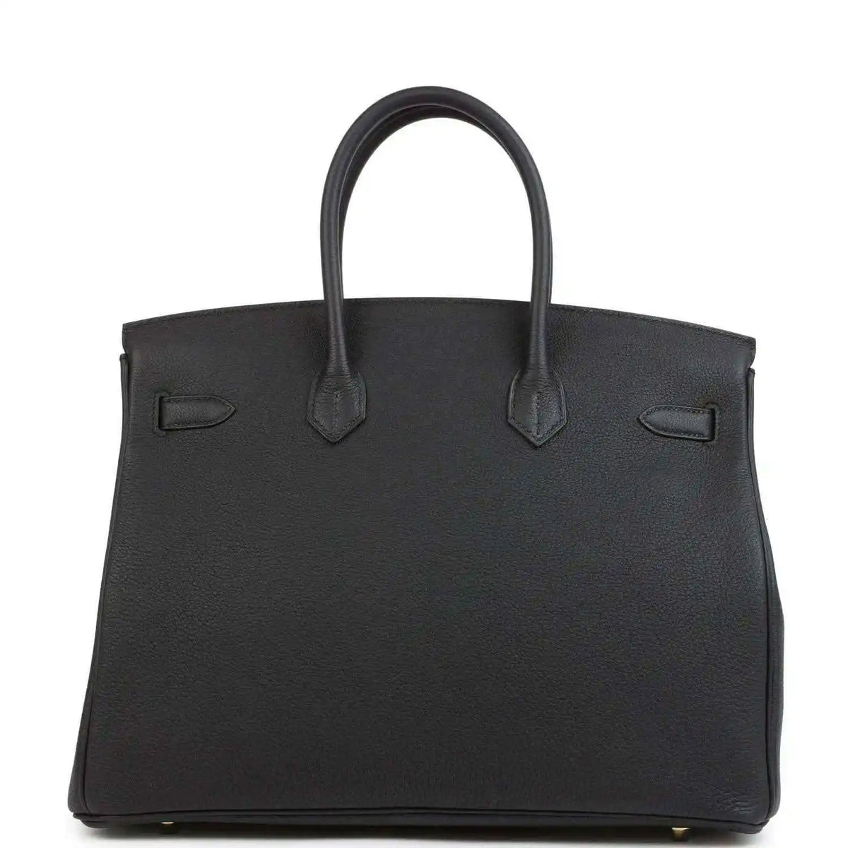Black leather handbag with top handles and front flap detailing