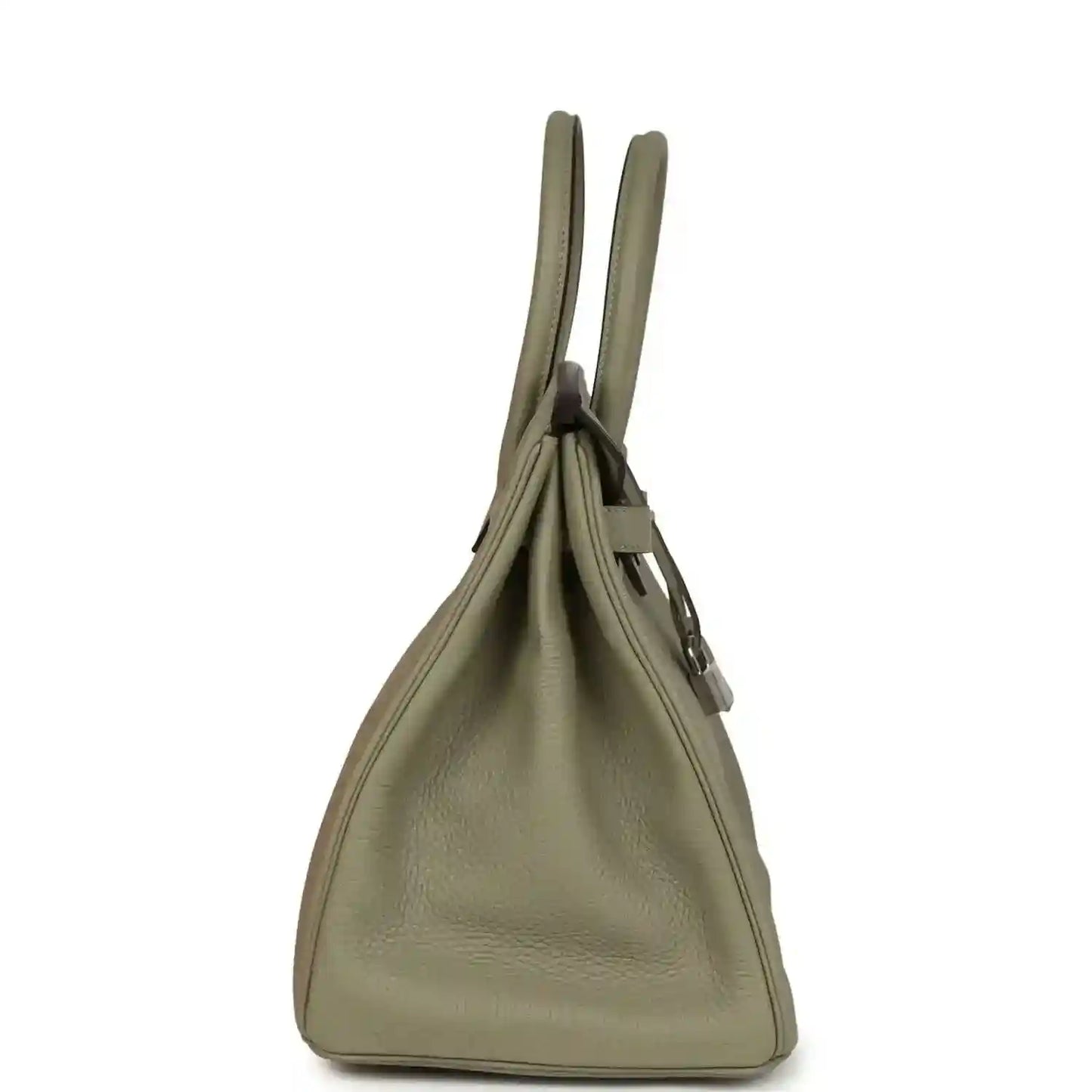 Sauge leather handbag with top handles and side view of the hinged flap