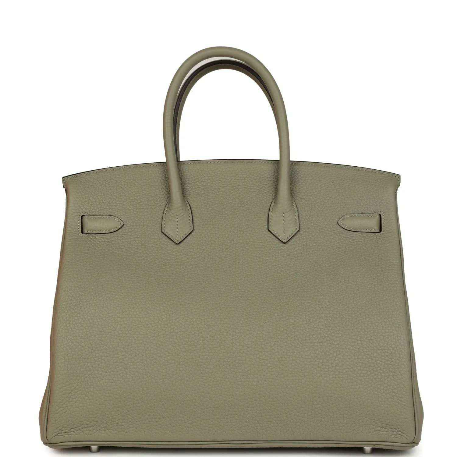 Sauge leather handbag with top handles, back straps, and protective feet