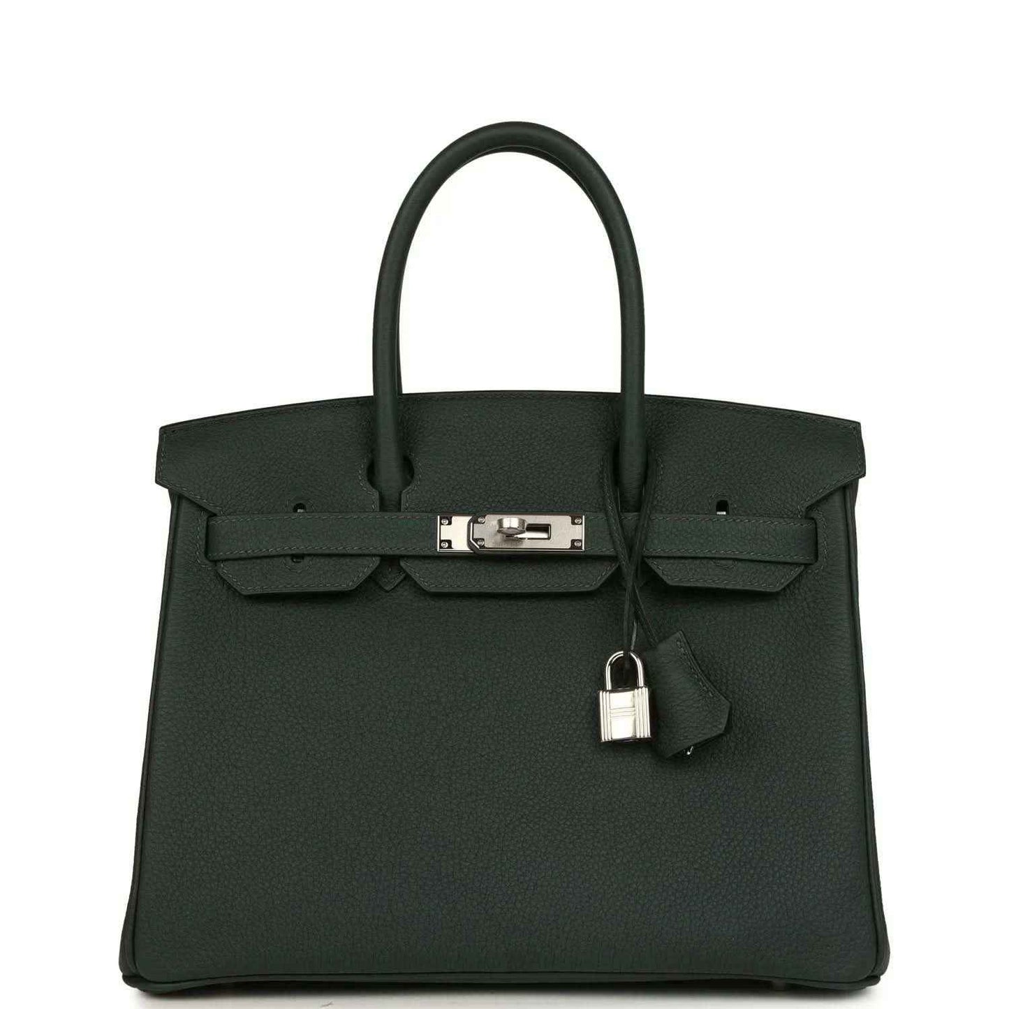 Hermes Birkin 30 handbag in dark green textured leather with top handles and front clasp