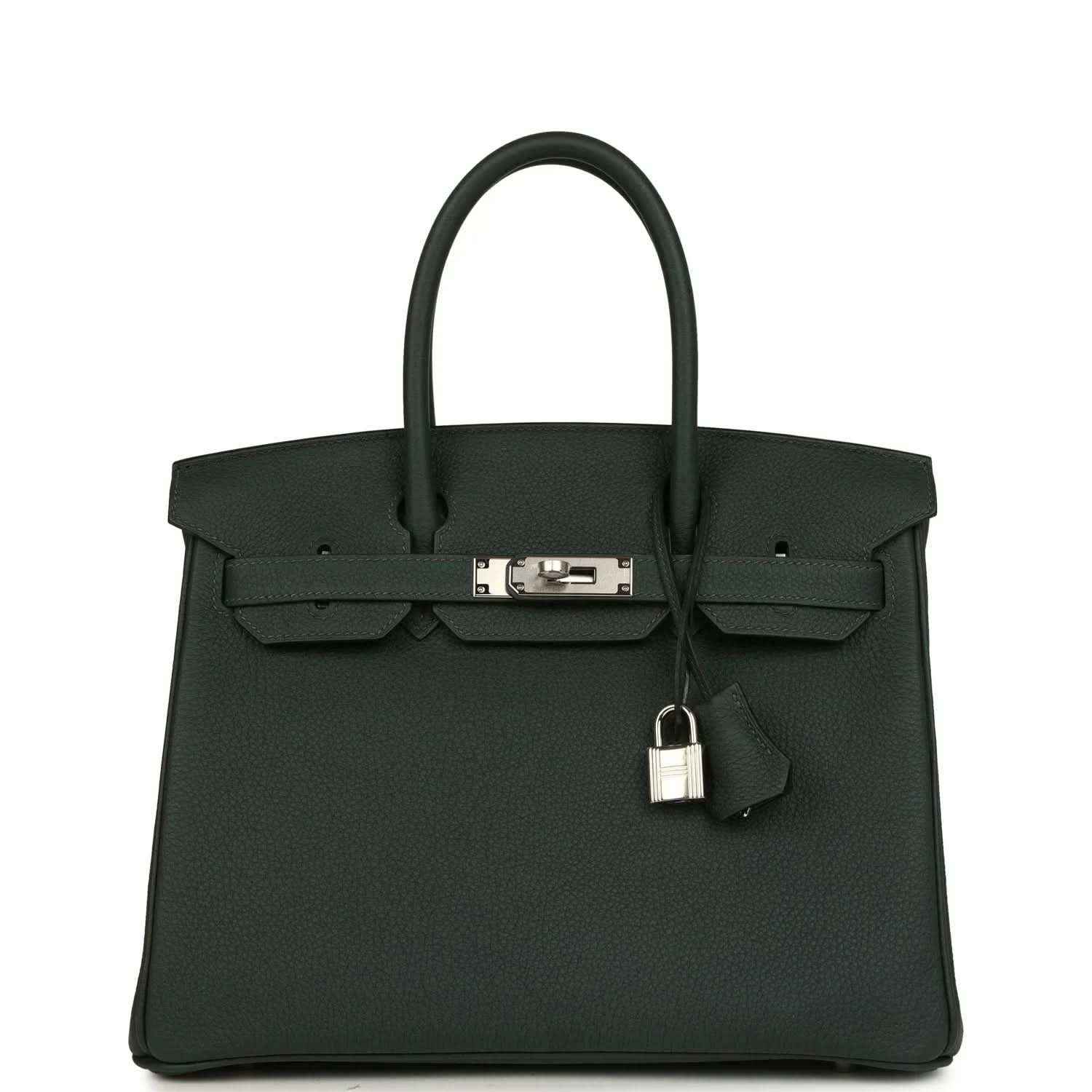 Hermes Birkin 30 handbag in dark green textured leather with top handles and front clasp
