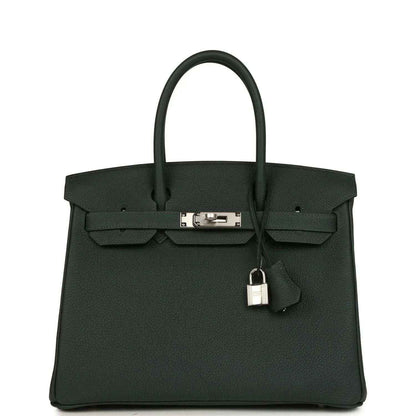 Hermes Birkin 30 handbag in dark green textured leather with top handles and front clasp