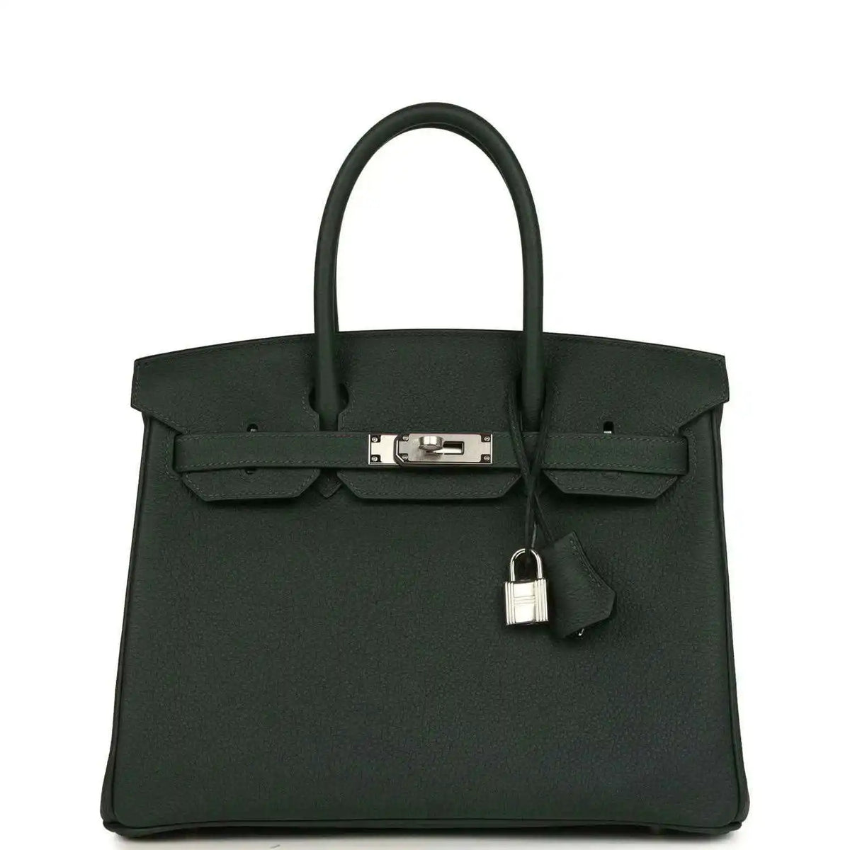 Hermes Birkin 30 handbag in dark green textured leather with top handles and front clasp