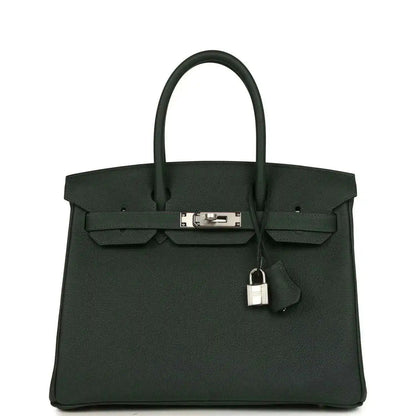 Hermes Birkin 30 handbag in dark green textured leather with top handles and front clasp