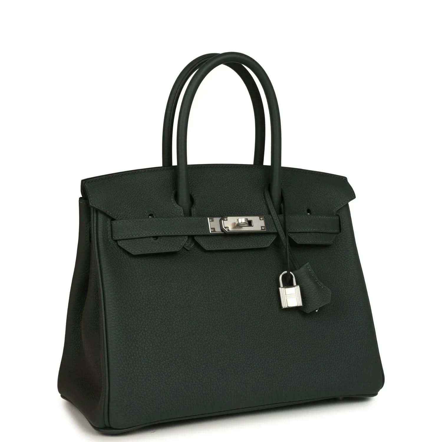 Hermes Birkin 30 handbag, dark green textured leather with top handles and silver front lock