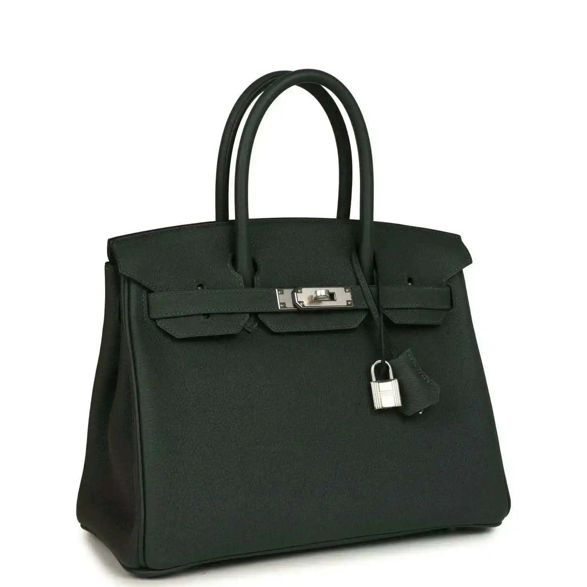 Hermes Birkin 30 handbag, dark green textured leather with top handles and silver front lock
