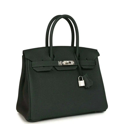 Hermes Birkin 30 handbag, dark green textured leather with top handles and silver front lock