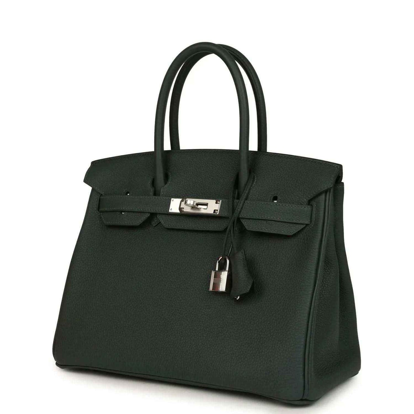 Hermes Birkin 30 handbag dark green textured leather with front flap and silver-tone lock