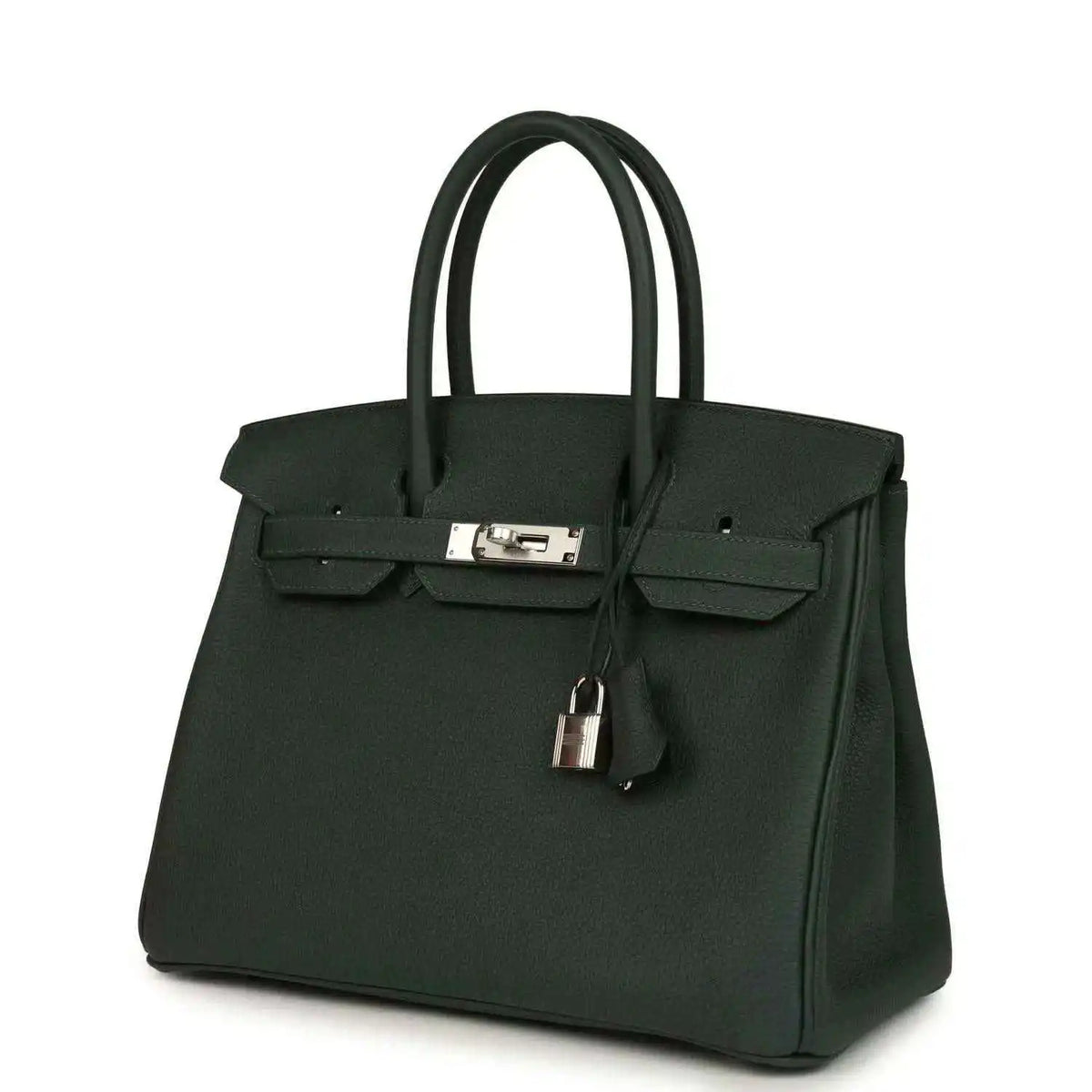 Hermes Birkin 30 handbag dark green textured leather with front flap and silver-tone lock