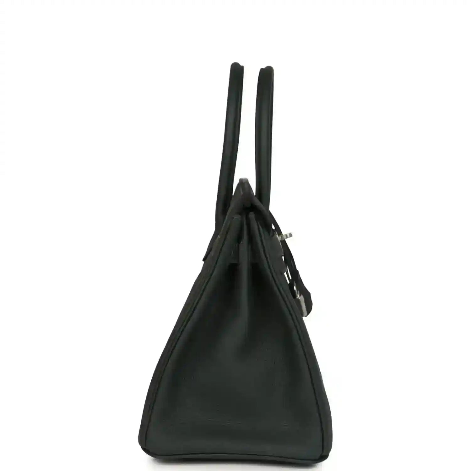 Hermes Birkin 30 handbag side view in dark green textured leather with two top handles