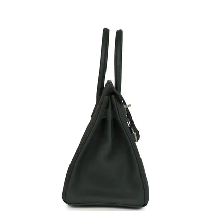 Hermes Birkin 30 handbag side view in dark green textured leather with two top handles