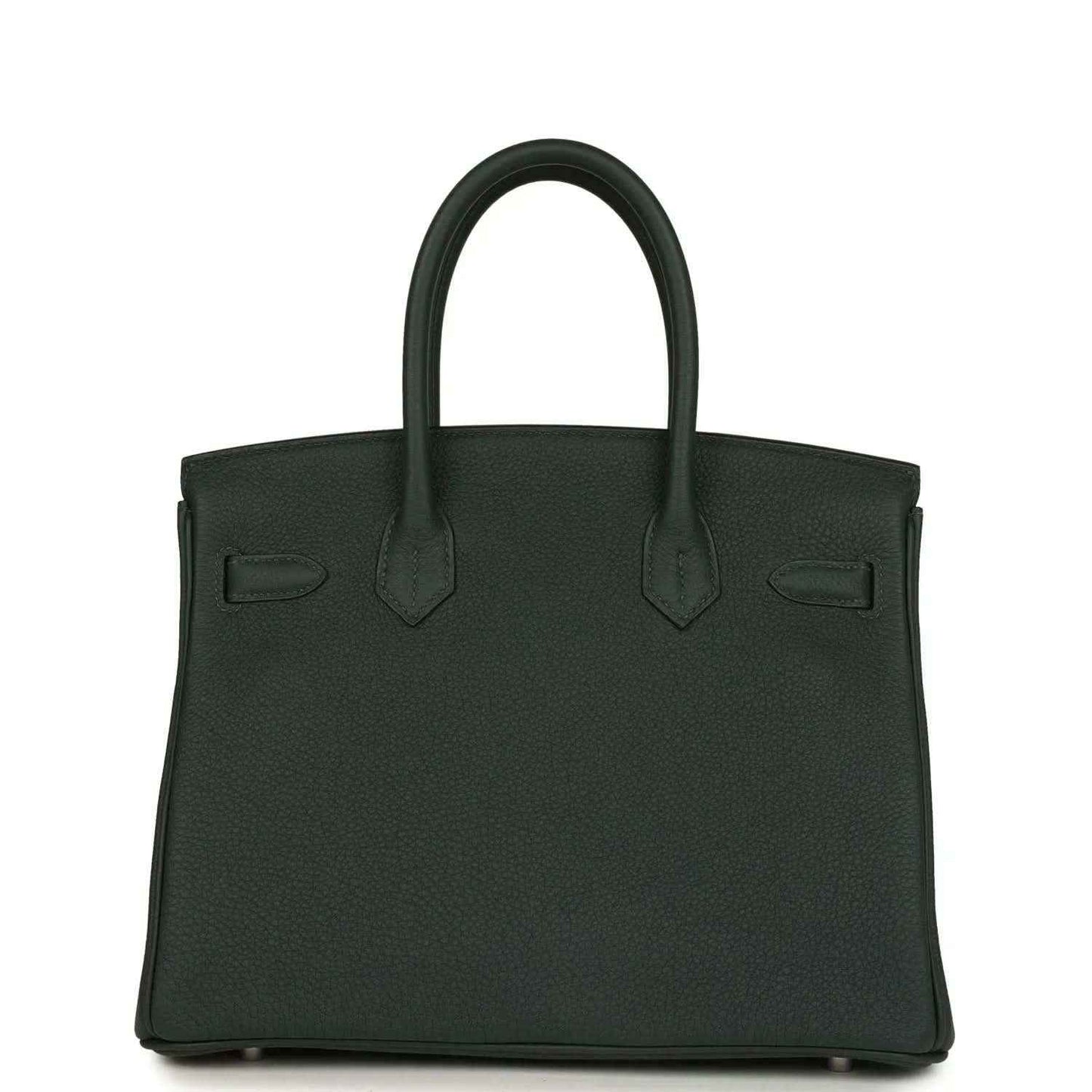 Hermes Birkin 30 handbag front view in dark green textured leather with top handles