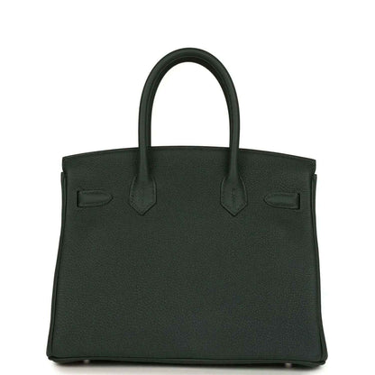 Hermes Birkin 30 handbag front view in dark green textured leather with top handles