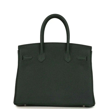 Hermes Birkin 30 handbag front view in dark green textured leather with top handles