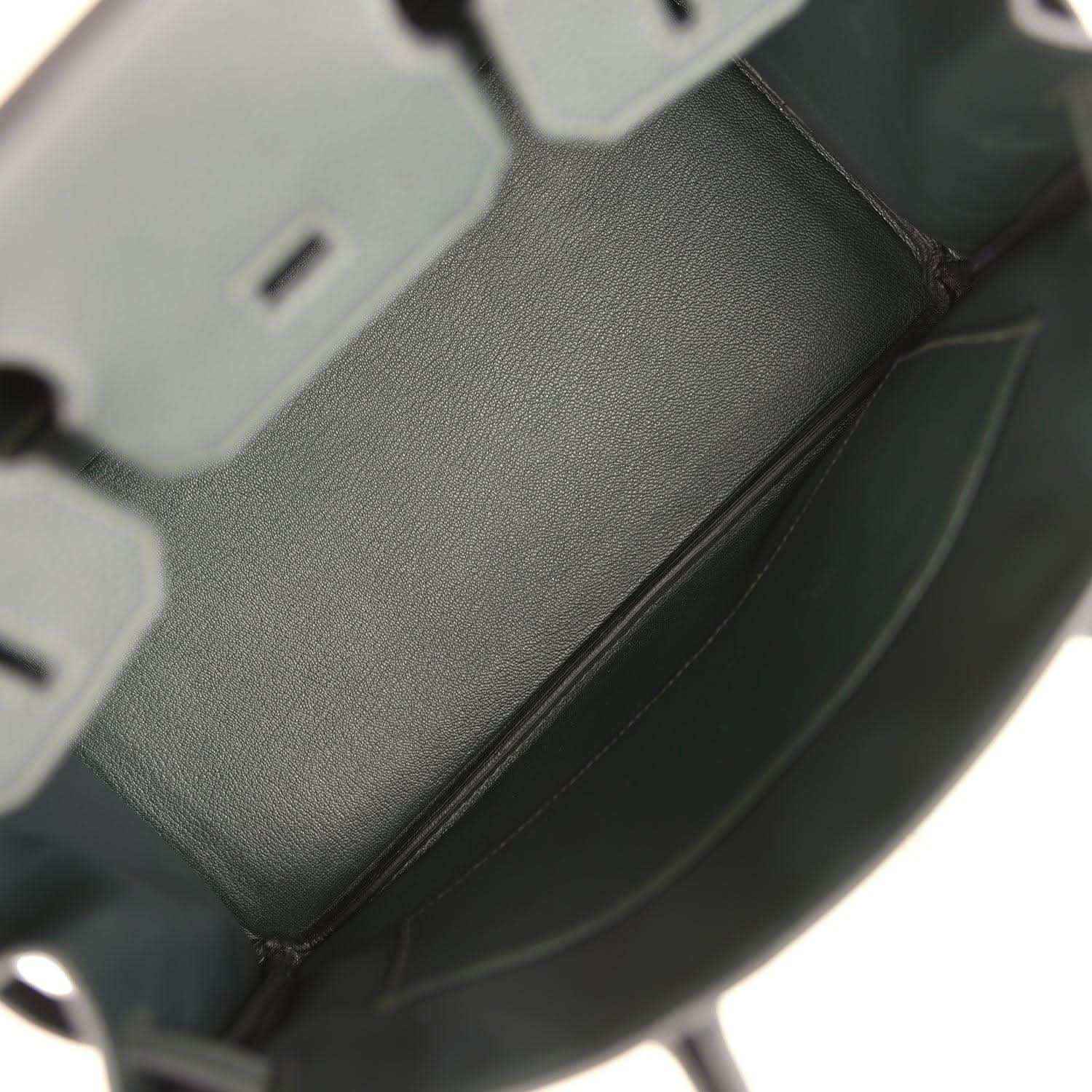 Hermes Birkin 30 interior compartment in dark green leather with stitched edge