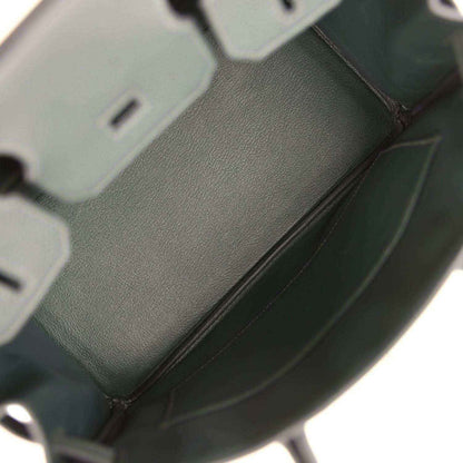 Hermes Birkin 30 interior compartment in dark green leather with stitched edge