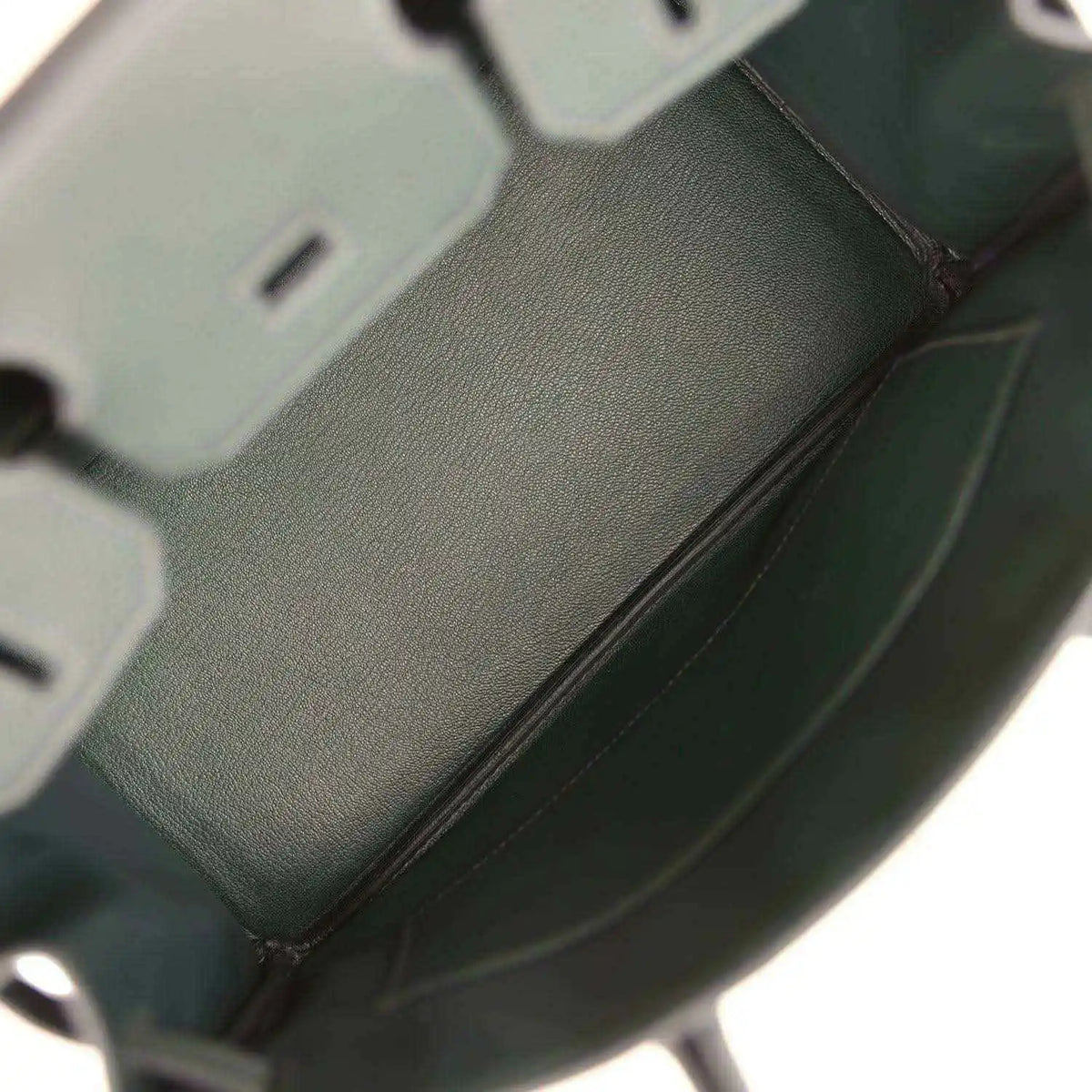 Hermes Birkin 30 interior compartment in dark green leather with stitched edge