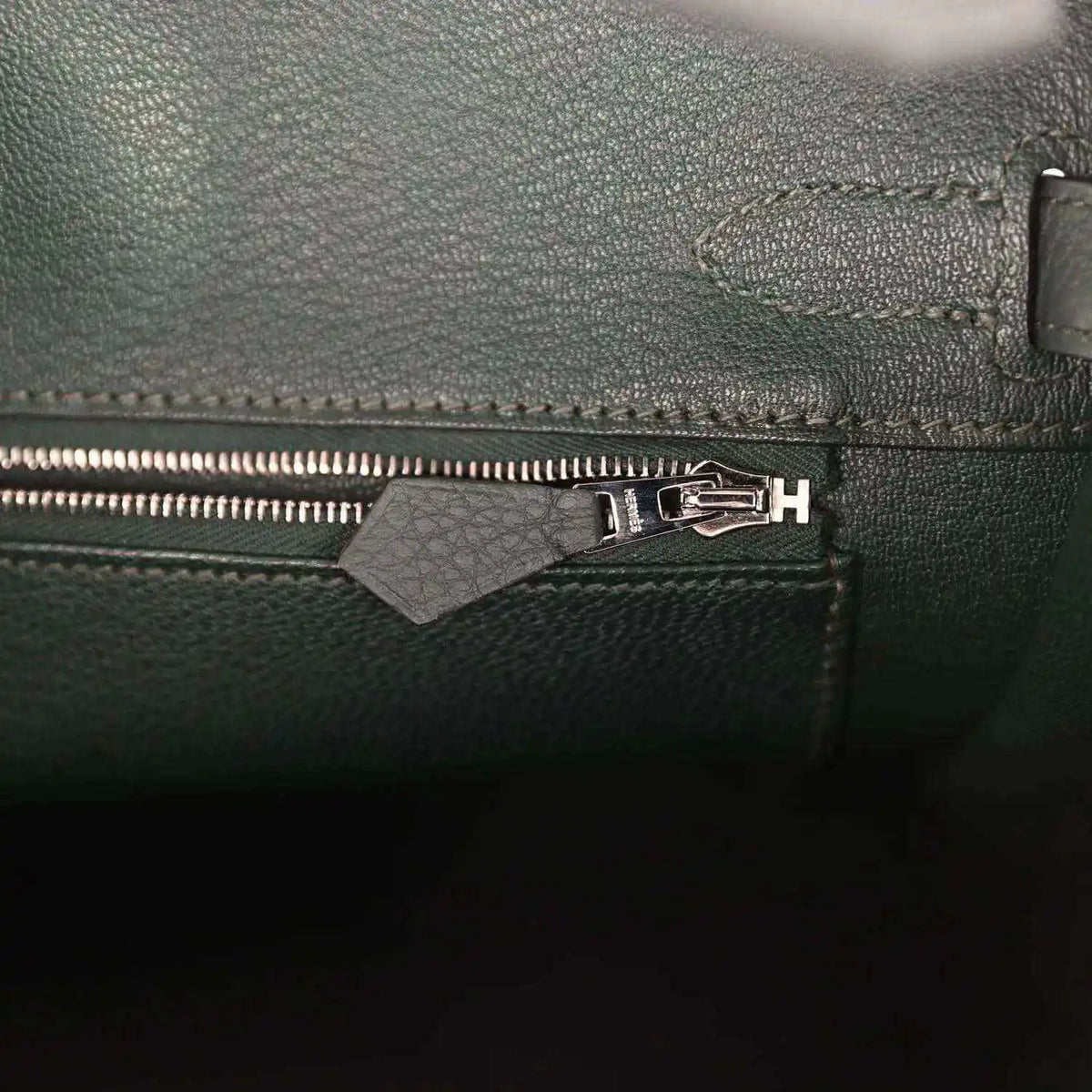 Hermes Birkin 30 interior zipper pocket with dark green leather tab and metal pull