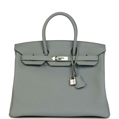 Gray Togo leather Birkin 35 handbag with silver-tone hardware and top handles