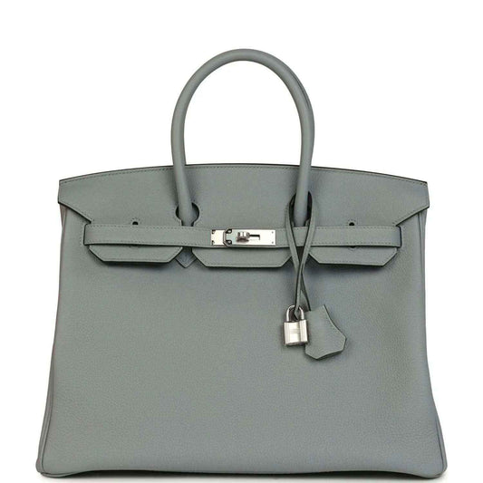 Gray Togo leather Birkin 35 handbag with silver-tone hardware and top handles