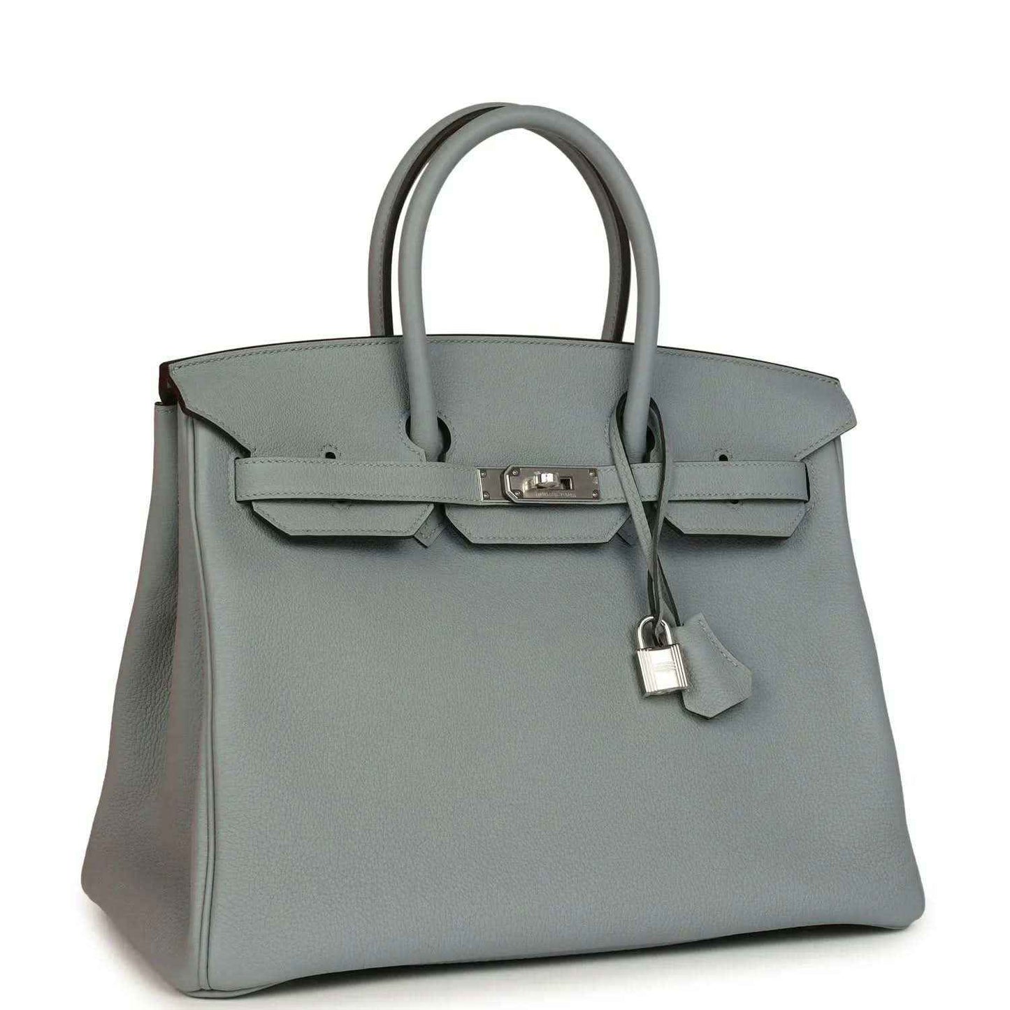 Gray Birkin 35 handbag with silver-tone hardware, front flap, and hanging key charm