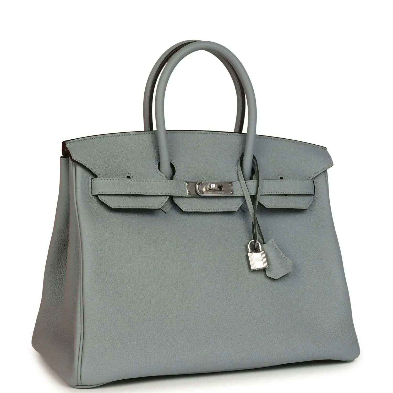 Gray Birkin 35 handbag with silver-tone hardware, front flap, and hanging key charm