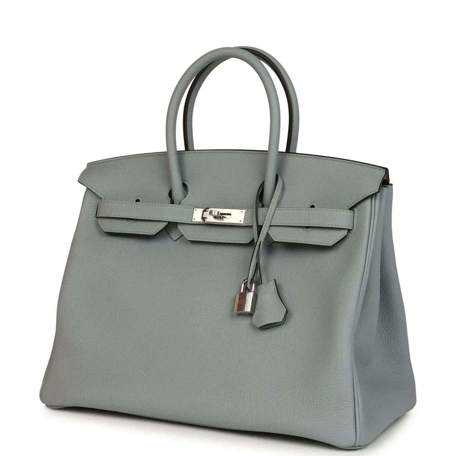 Gray Birkin 35 handbag angled front view with silver-tone clasp and key charm