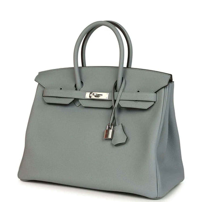 Gray Birkin 35 handbag angled front view with silver-tone clasp and key charm