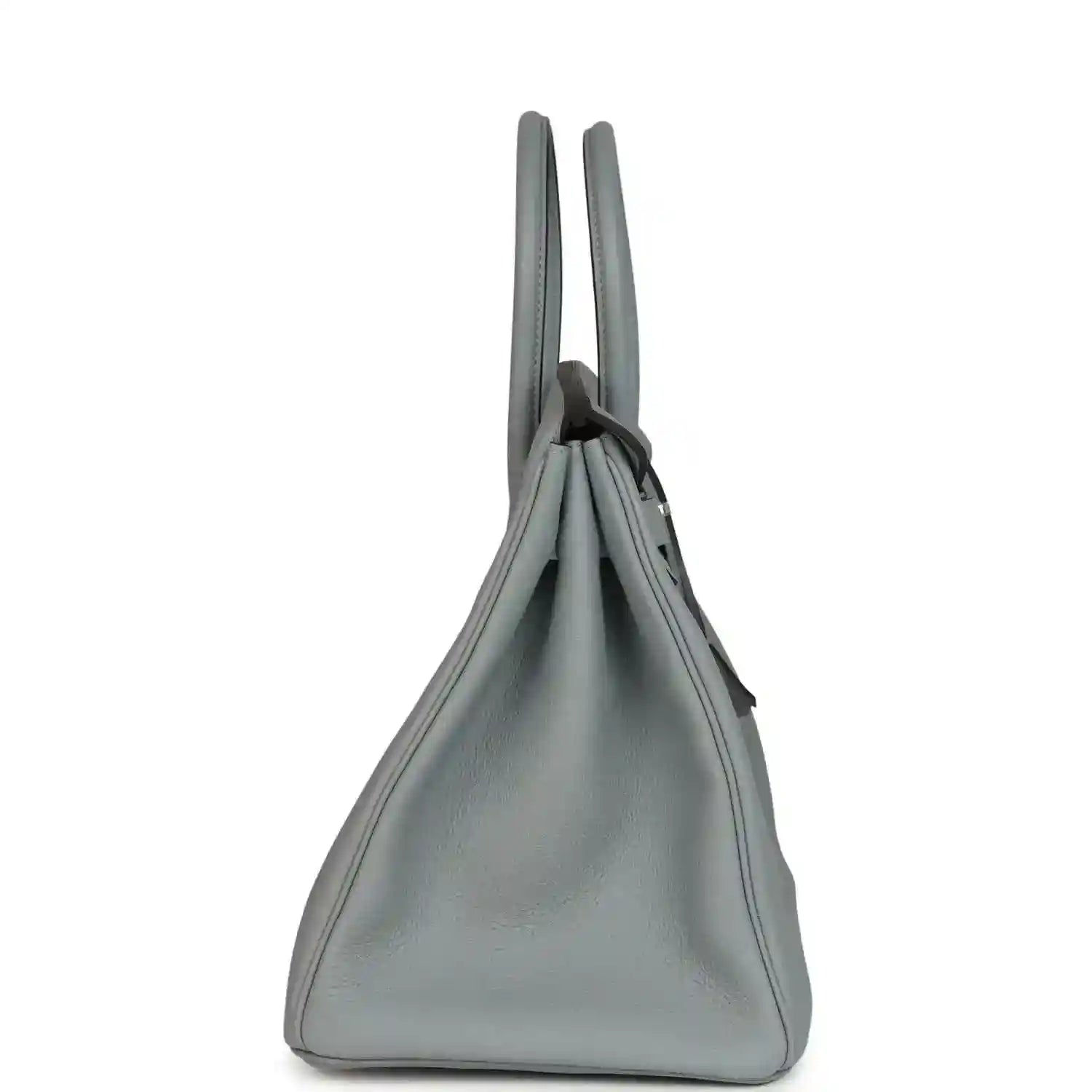 Gray Togo leather Birkin 35 handbag side view with top handles and curved silhouette